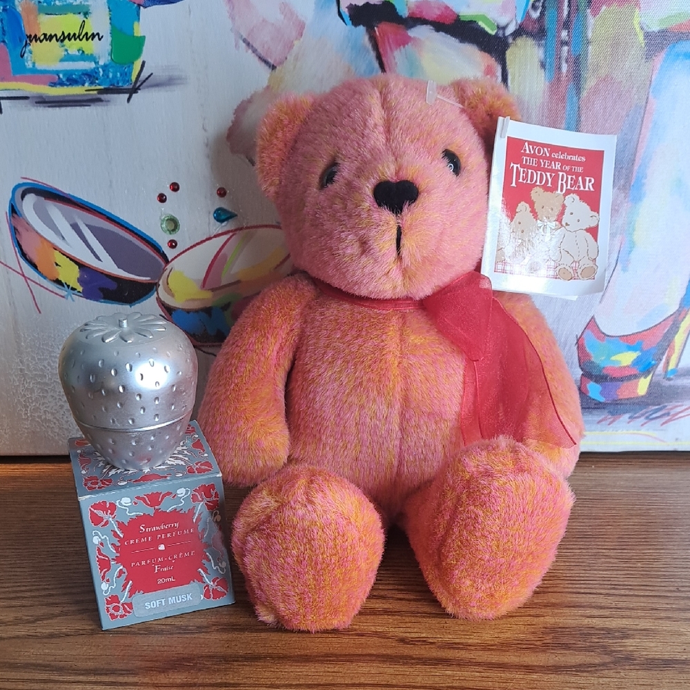 Avon Pink Teddy Bear with Red Scarf